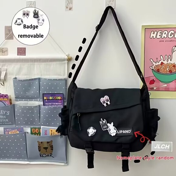 Harajuku Style Large Capacity Shoulder Bag, Retro with 4 Patches removable - Picture 1 of 3